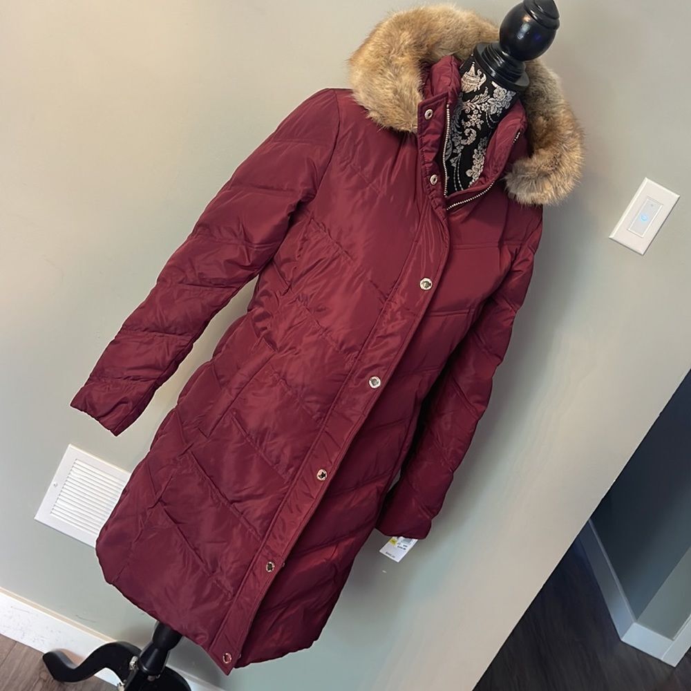 Michael Kors Chevron Faux Fur Trim Hooded Down Puffer Coat Dark Brandy